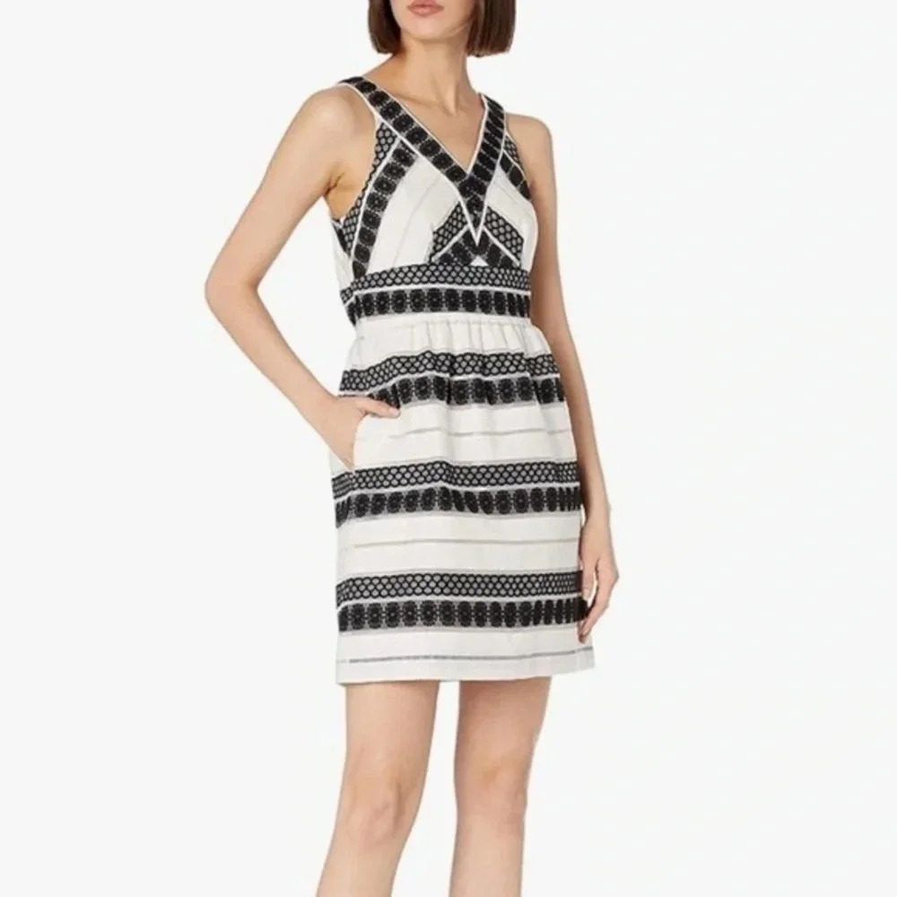 Plenty By Tracy Reese Loretta Black White Jacquard Stripe Dress Size 6 Small